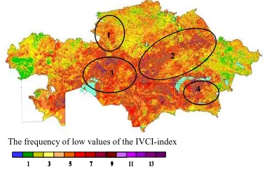 Figure 8. The schematic map of frequency of droughts (IVCI values smaller 30%) during 2000-2015   