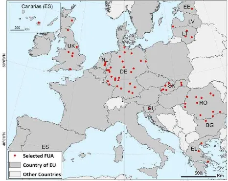 Figure 1. Location of the 68 selected FUAs according to the 