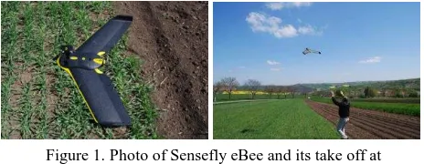 Figure 1. Photo of Sensefly eBee and its take off at  experimental site 