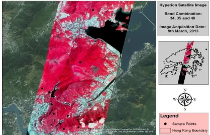 Figure 1 shows the Hyperion image over Hong Kong region. 10 sample sites were also shown over the image at different sites in the Hong Kong country parks