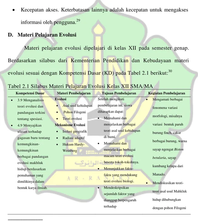 Tabel 2.1 Silabus Materi Pelajaran Evolusi Kelas XII SMA/MA 