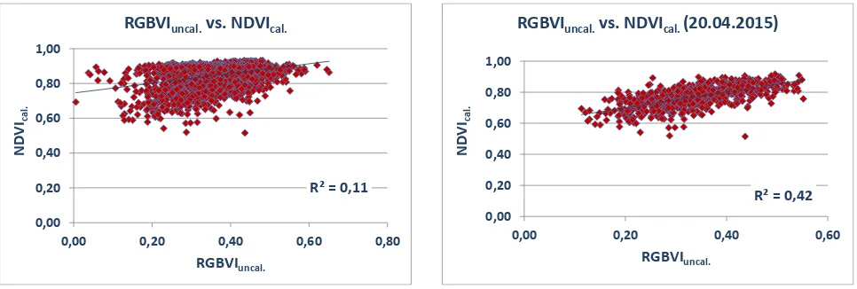 Figure 9. Evaluation of the RGBVIuncal. vs. NDVIcal.for the farmers’ field 