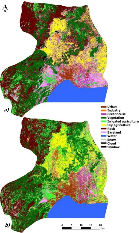 Figure 4. Thematic LU/LC maps of 2001 Landsat 7 ETM+ (a) and 2014 Landsat 8 OLI/TIRS (b) imageries  