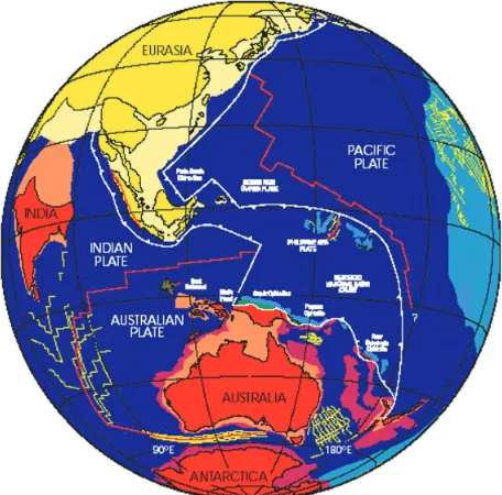 Gambar 1.3 Pada Kala Eosen (sekitar 55 juta tahun yang lalu) sebagian Kepulauan Indonesia (Sumatra, Jawa, dan Kalimantan) masih berada dan menyatu dengan Benua Eurasia di utara, sedangkan sebagian kepulauan lainnya (Papua) masih menyatu dengan Benua Australia di Selatan.