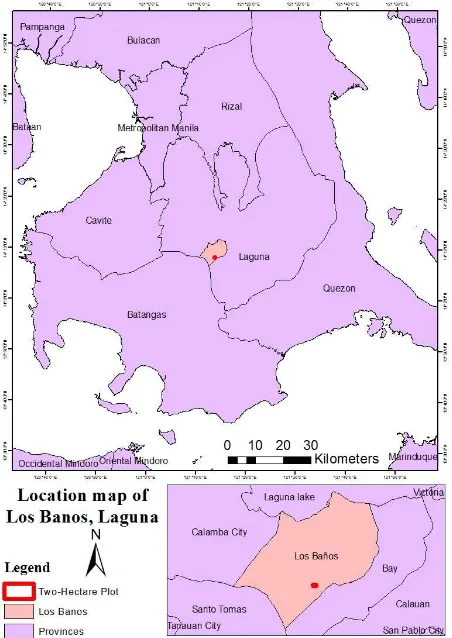 Figure 1: Location Map of the 2-hectare forest plot at Mt. Makiling, Los Baños, Laguna 