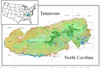 Figure 1: Vegetation cover map for the Great Smoky Mountains National Park. Inset map shows the location of the park (blue circle) between the states of Tennessee and North Carolina (shaded)