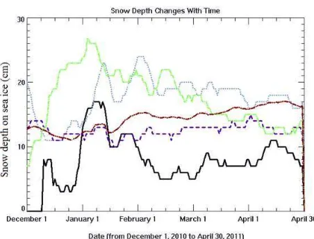 Figure 10. Variations of snow depth at 4 points (black Solid: 