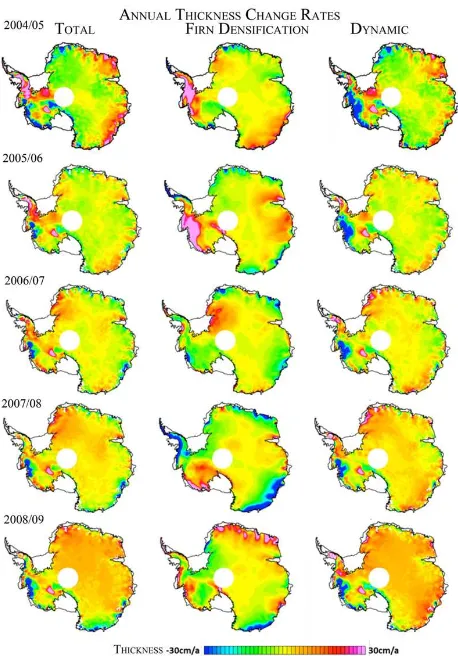 Figure 3.Annual total, surﬁcial process (SMB and ﬁrn-compaction) and ice dynamic related thickness change rates,Antarctica.