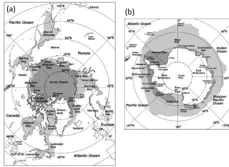 Figure 1.  Sea ice cover in winter and summer in (a) the Arctic and (b) the Antarctic