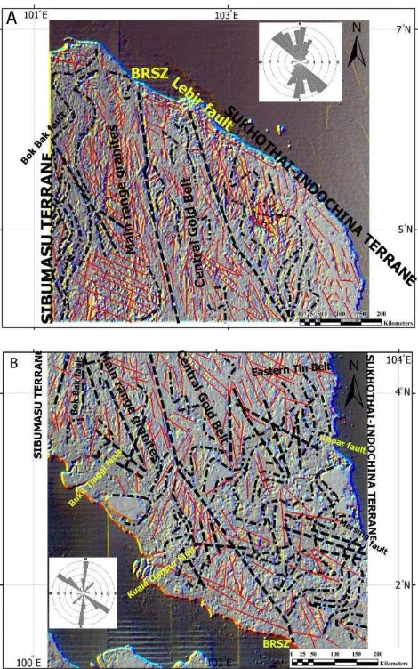 Figure  2. (A) RGB colour-composite of N-S (0◦NW-SE (135), NE-SW (45◦), and ◦) directional filters of northern part of Peninsular Malaysia