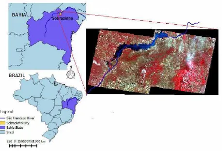Figure 1: Localization of Sobradinho reservoir and image TM/Landsat-5, false color composition, acquired in 10 and 16 