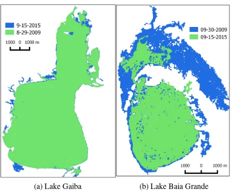 Figure 7: Comparison of some of the water surface areas cal-culated for Lake Gaiba (a) and Lake Baia Grande (b)