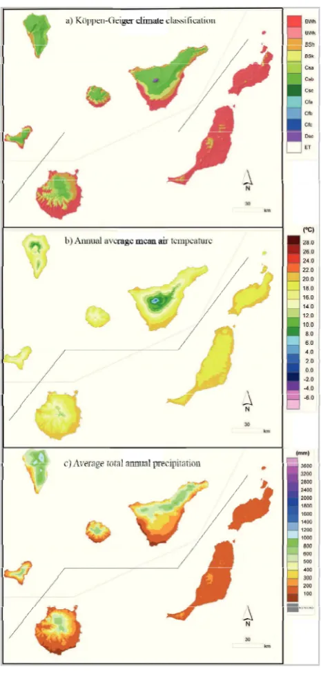 Figure 3. Climate of the Canary Islands from (AEMET, 2012); a) Köppen-Geiger Classification; b) Average annual temperature in °C; c) average total annual precipitation in mm