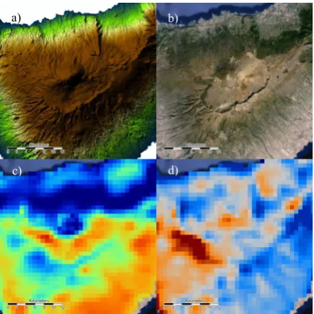 Figure 5.  Tenerife subset with Mount Teide. a) SRTM DEM and analytical hill shading; b) Satellite image (Google Earth); c) Mean annual surface temperature (MAST) at 10:30; d) MAST difference between 10:30 and 13:30   