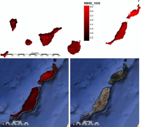 Figure 7. Root mean squared error (RMSE) in K at 10:30 = inter-diurnal and inter-annual variability of LST; Subset for arid islands; Base map (Google Earth, both with analytical hillshading) 