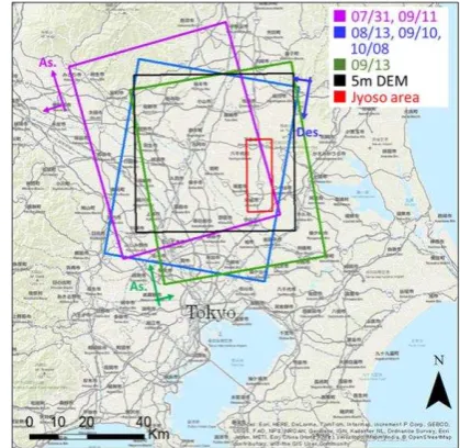 Figure 1. Coverage of PALSAR-2 data in the Kanto region of Japan and the study area (Joso city) in red square 