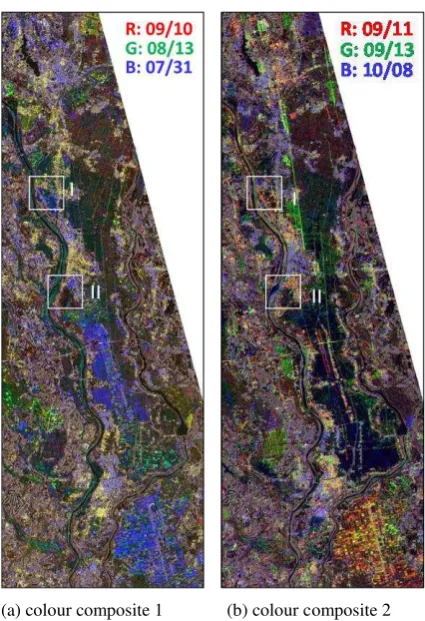 Figure 3. Multi-temporal colour composites of PALSAR-2 images for different combinations 