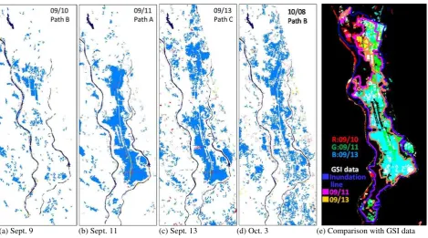 Figure 7. Extracted water areas from the PALSAR-2 images and comparison of the results with the GSI’s visual inspection data 