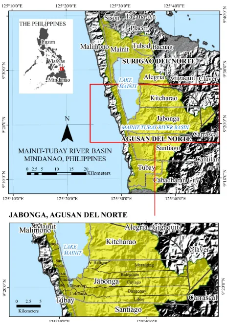 Figure 1: Series of maps showing the location of Jabonga munic-ipality within the Mainit-Tubay River Basin in Mindanao, Philip-pines.