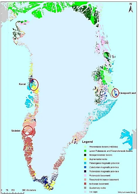 Figure 1. Geology Map of Greenland at scale 1:500.000 and the Locations of the Collected Samples  