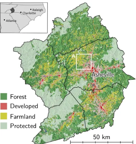 Figure 4: 2011 land cover (Homer et al., 2015) and protectedareas (Anderson and Sheldon, 2011) in the Ashevillemetropolitan area in the west of North Carolina, USA