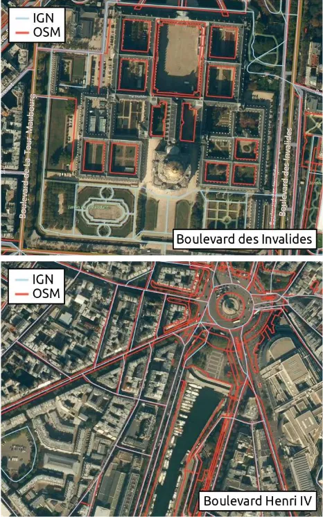 Figure 2. Examples of areas where OSM dataset shows more 