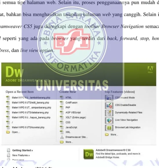 Gambar II.2 Tampilan Awal Adobe Dreamweaver CS5 