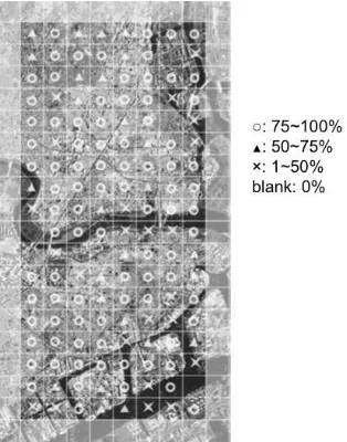 Figure 4. 200 sub-areas divided in the study site. The mark 