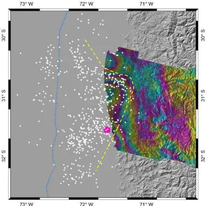 Figure 8.  Map showing comparison between the aftershock distribution and the post-seismic deformation field