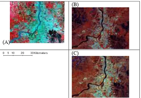 Figure 1: Study Area: (A) Landsat 8 image (band 5, band 4, band 3); (B) 24th July, 2015 (VH, VV, VV/VH); (C) 15th December, 2015 (VH, VV, VV/VH)   