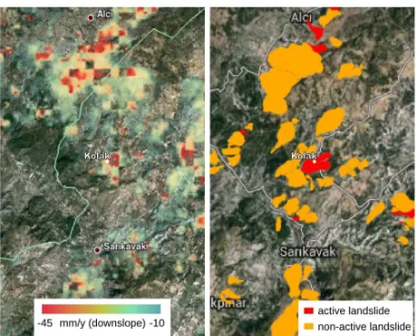 Figure 8. Left: potential landslide activity detected using a basicSentinel-1 Small Baselines MT-InSAR (based on 26 imagesbetween 15/10/2014-14/01/2016)