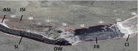 Figure 3. Examples of selected classes. Abbreviations: SI for  skim ice, ASI for agglomerated skim ice, JSI for juxtaposed skim ice, FR for frazil run, CI for consolidated ice (frazil or skim ice) and OW for open water  