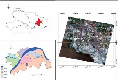 Figure 2. (a) The administrative boundary of Wuhan in Hubei province  (b) Part of the administrative region of Wuhan (c) the ZiYuan-3 image of Wuhan in 2012 