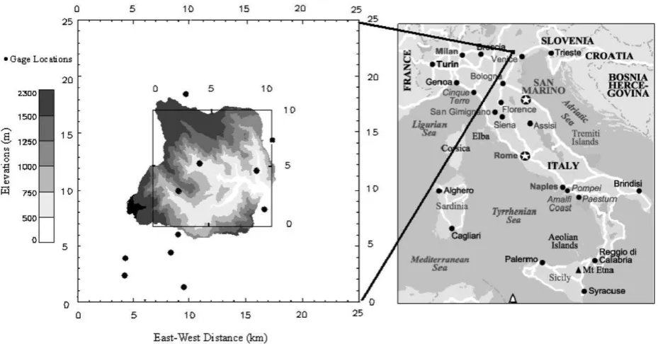 Fig. 1. Geographic location of Posina Watershed (right panel), and watershed elevation map (left panel) overlaid by rain gauge networklocations (in solid circles) within 25 and 10 km grids that are equivalent to a typical satellite footprint.