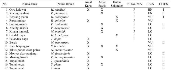 Tabel 2.  Status perlindungan dan kelangkaan spesies mamalia di areal perkebunan sawit PT STN Kalimantan Timur 