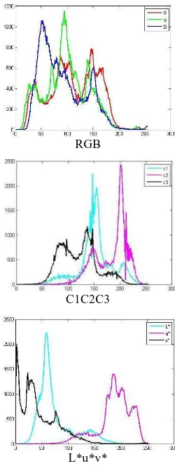 Figure 1 shows some histogram examples representing  transformations from RGB to invariant colour components: worth of note is the lack of correlation existing among the various colour spaces