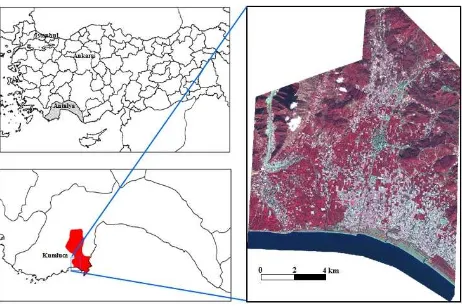 Figure 1. The study area that is located in Kumluca, Antalya,Turkey and color infrared composite of WorldView-2 satelliteimagery for the selected study area
