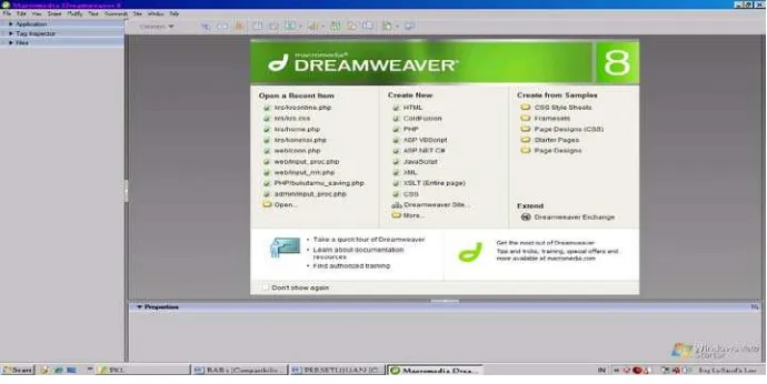 Gambar 2.2 Tampilan Start page Macromedia Dreamweaver 8 