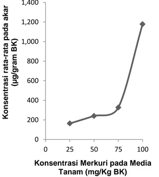 Gambar 2.  Grafik  hubungan  rata-rata  konsentrasi  logam  merkuri  pada  akar  tanaman  kangkung  darat  terhadap  besarnya  konsentrasi media penanaman  02004006008001,0001,2001,4000255075100Konsentrasi rata-rata pada akar(µg/gram BK)