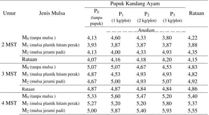 Tabel  3  menunjukkan  jumlah  anakan  bawang  merah  umur  2-6  MST  terbanyak  diperoleh  pada  perlakuan  M 2   (mulsa  jerami 