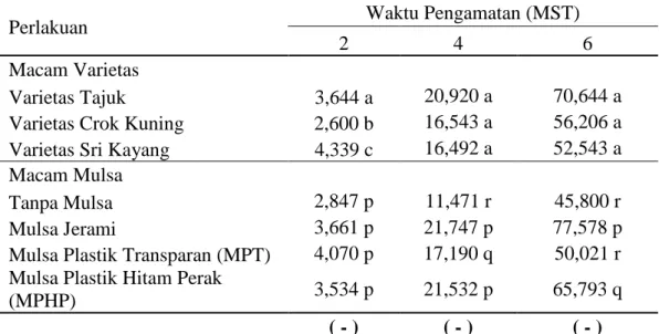 Tabel  2.  Pengaruh  Penggunaan  Macam  Varietas  Bawang  Merah  dan  Macam  Mulsa  terhadap  Bobot  Segar  Tanaman  pada  Pengamatan  2,  4  dan  6  MST