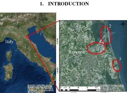 Figure 1. a) location of the study area b) the City of Ravennaand the main areas affected by subsidence