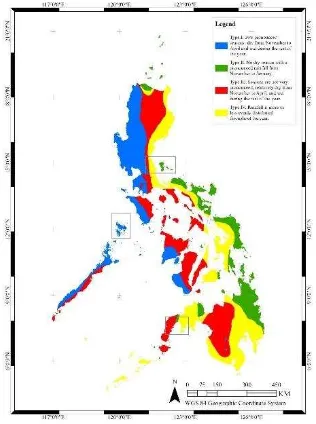 Figure 1. The location of the three (3) study sites and their corresponding climate types based on the Coronas classification for the radar image analysis of mangroves: (1) the province of Quezon, (2) the municipality of Coron in Palawan and (3) the provin