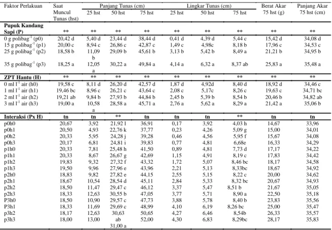 Tabel  1.    Rekapitulasi  Hasil  Penelitian  Pengaruh  Pupuk  Kandang  Sapi  dan  ZPT  Hantu  serta  Interaksinya  terhadap Pertumbuhan Stek Batang Tanaman Buah Naga Daging Super Merah
