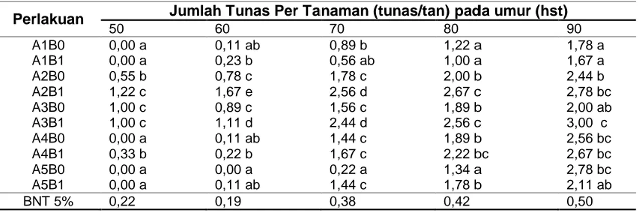 Tabel 4 Rerata Jumlah Tunas Per Tanaman Akibat Interaksi Perlakuan Kombinasi  Bahan Stek  dan Pemberian ZPT Rootone-F pada Berbagai Umur Pengamatan