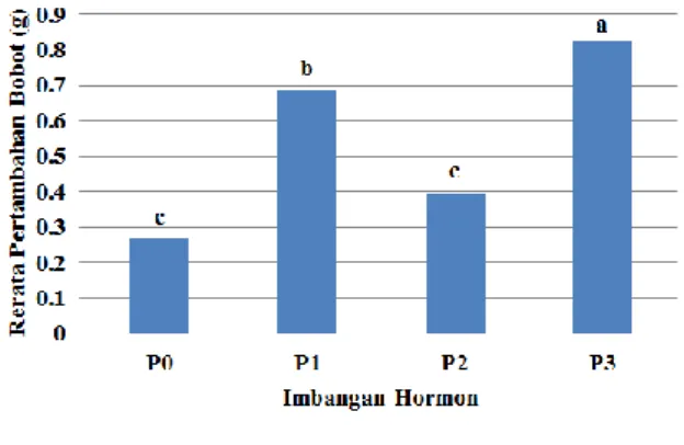 Gambar 1. Histogram rata-rata pertambahan bobot  mata  tunas  pisang  Raja  Bulu  pada  perlakuan hormon selama 30 hari  Keterangan : P0 = tanpa zpt;  P1 = 0,5 mg/l IAA + 4,5 