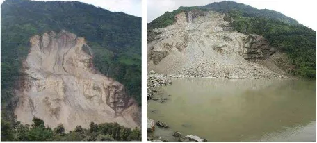 Figure 3. Google Earth view pre landslide acquired on Nov. 10, 2013 (left) and post landslide acquired on August 10, 2014 (right) landslide event with old landslide polygons