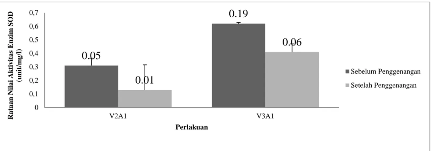 Gambar 7.Aktivitas enzim POD (unit/mg/l) dari genotipe   kedelai   Gepak   kuning (V 2 )  dan Wilis  