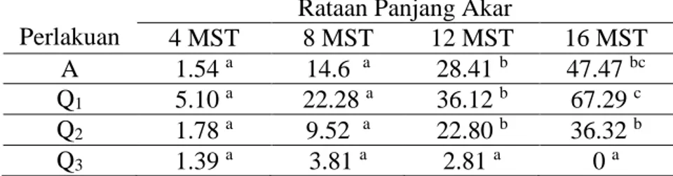 Tabel  6.  Rata-rata  hasil  uji  DMRT  (Duncan  Multiple  Range  Test)  panjang  Akar  Tanaman  Kentang  Solanum  tuberosum  L  varietas  GM  08  sejak  pengamatan 4 – 16 Minggu Setelah Tanam (MST)