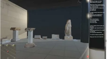 Figure 8: A snapshot from the virtual museum. The visitor chose to rotate the left sculpture, while the available information appears on the right of the screen